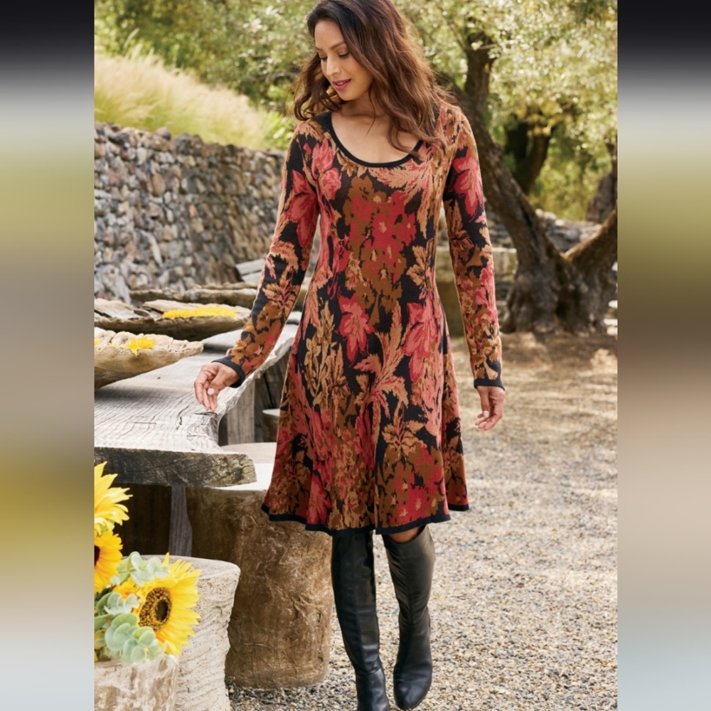 Soft Surroundings Floral Midi Dress in Rust, Black and Olive